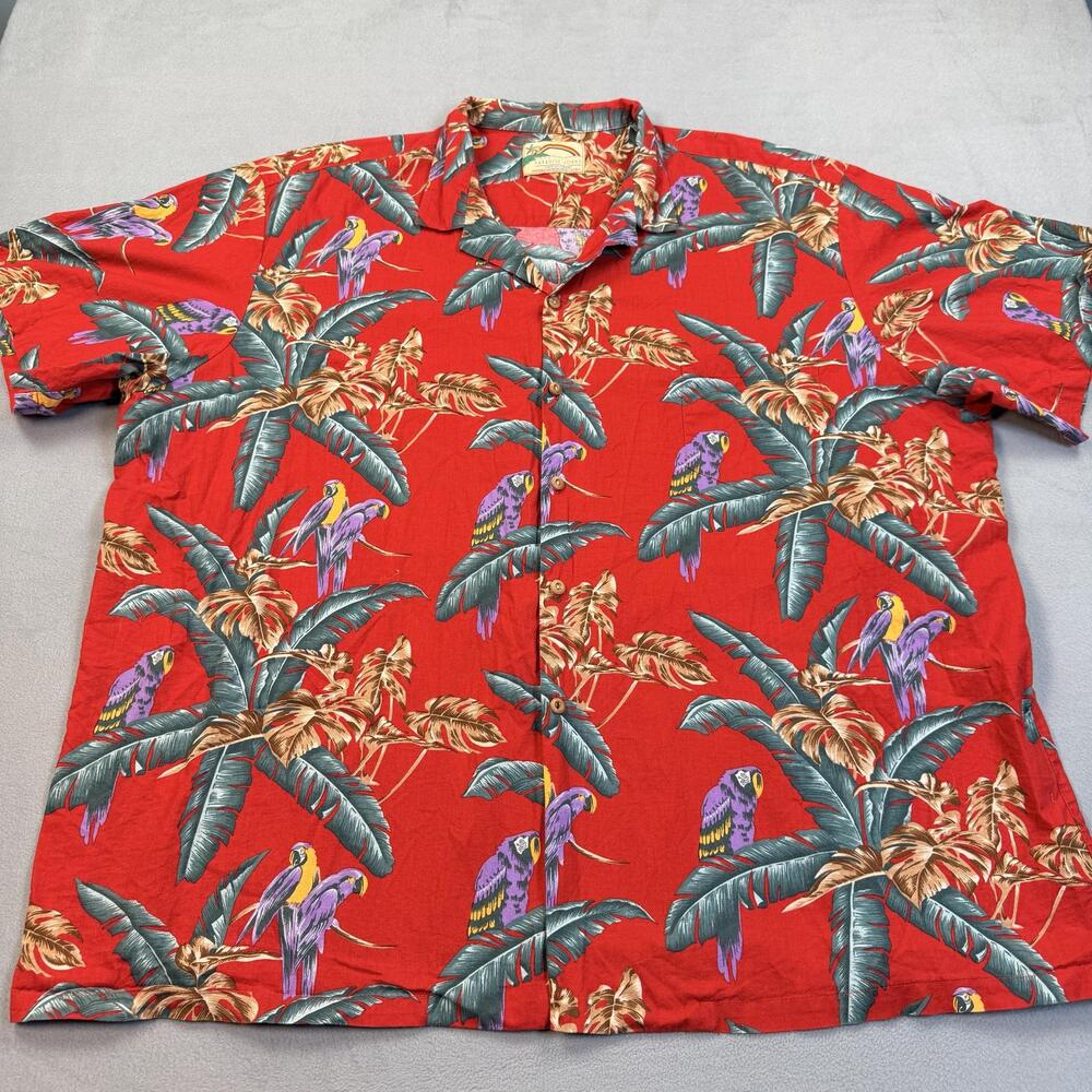 Paradise Found Shirt Mens 2XL Red Parrot Palm Hawaiian Aloha Rayon Button Front